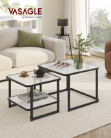 VASAGLE Nesting Tables, Frosted Glass Coffee Table with LED Lights, Modern Square Side Tables with Bottom Shelf, for Living Room, Bedroom, Office, Cloud White and Ink Black (Set of 2) VASAGLE