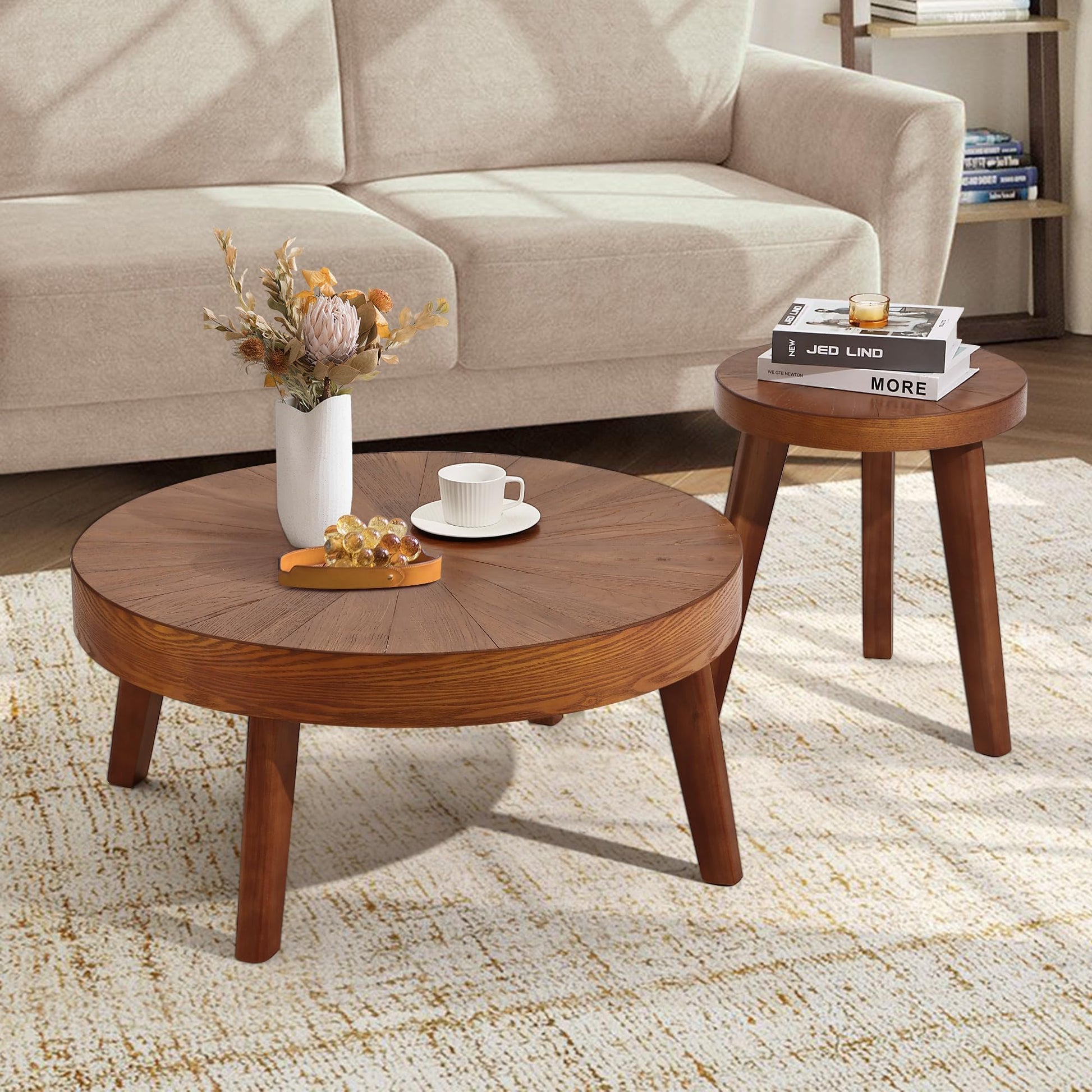 HOKYHOKY Farmhouse Round Coffee Table Set of 3, Boho Sofa Side Nesting Tables End Table Set with Wood Natural Finish for Living Room, Bedroom, Home Office,Brown - WoodArtSupply