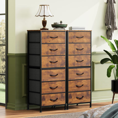 WLIVE Tall Dresser for Bedroom, 6 Drawer Dressers & Chests of Drawers, Fabric Dresser for Closet, Night Stand with Metal Frame, Storage Tower with Fabric Bins, Wood Top, Rustic Brown Wood Grain Print WLIVE