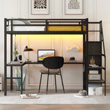 Full XL Size Metal Loft Bed with Desk and Wardrobe,Heavy Duty Loft Bed Frame with Storage Stairs,LED Loft Bed Full XL with Charging Station, Space Saving Loft Bed Full XL for Kids,Teens,Adults,Black Bellemave