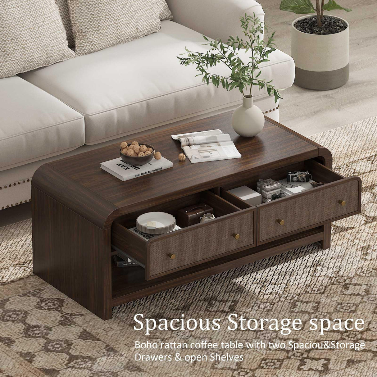 Oak&Sparrow 48'' Boho Coffee Table, Thickened Arc-Shaped Design with Rattan Drawer, Oak Table for Living Room