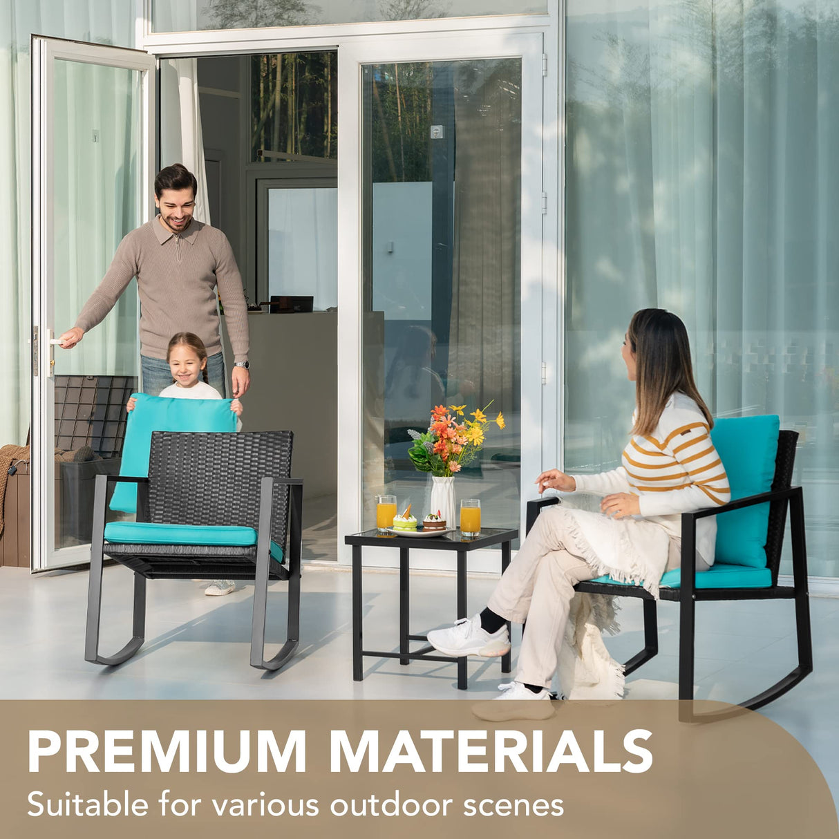 Devoko 3 Piece Rocking Bistro Set Wicker Patio Outdoor Furniture Porch Chairs Conversation Sets with Glass Coffee Table (Blue) Devoko