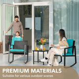 Devoko 3 Piece Rocking Bistro Set Wicker Patio Outdoor Furniture Porch Chairs Conversation Sets with Glass Coffee Table (Blue) Devoko