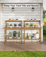 HDPS Outdoor Potting Bench with Sliding Tabletop/ 4 Wheels/Removable Sink, All-Weather Outside Garden Work Table, No Rust/Fade/Break, Potting Station for Porch, Patio & Backyard (Teak) ONBRILL