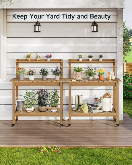 HDPS Outdoor Potting Bench with Sliding Tabletop/ 4 Wheels/Removable Sink, All-Weather Outside Garden Work Table, No Rust/Fade/Break, Potting Station for Porch, Patio & Backyard (Teak) ONBRILL