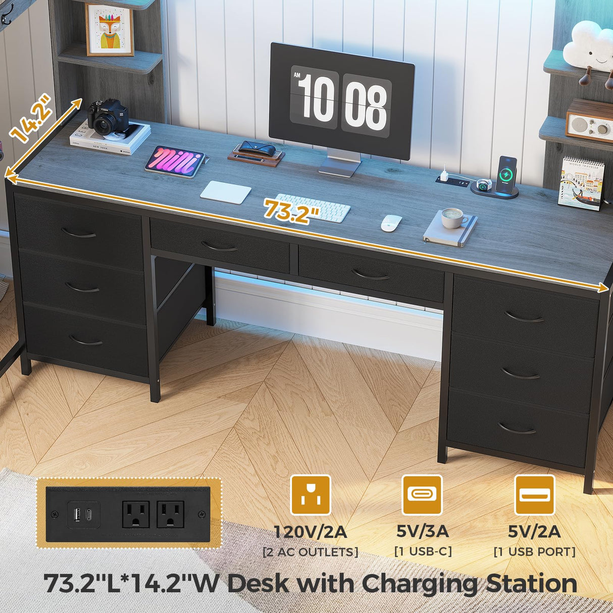 ADORNEVE Full Size Loft Bed with Desk and 8 Storage Drawers, Metal Loft Beds Full with LED Lights & Charging Sation, Heavy Duty Loft Bed Frame with 6 Storage Shelves, Space-Saving, Noise Free,Grey ADORNEVE