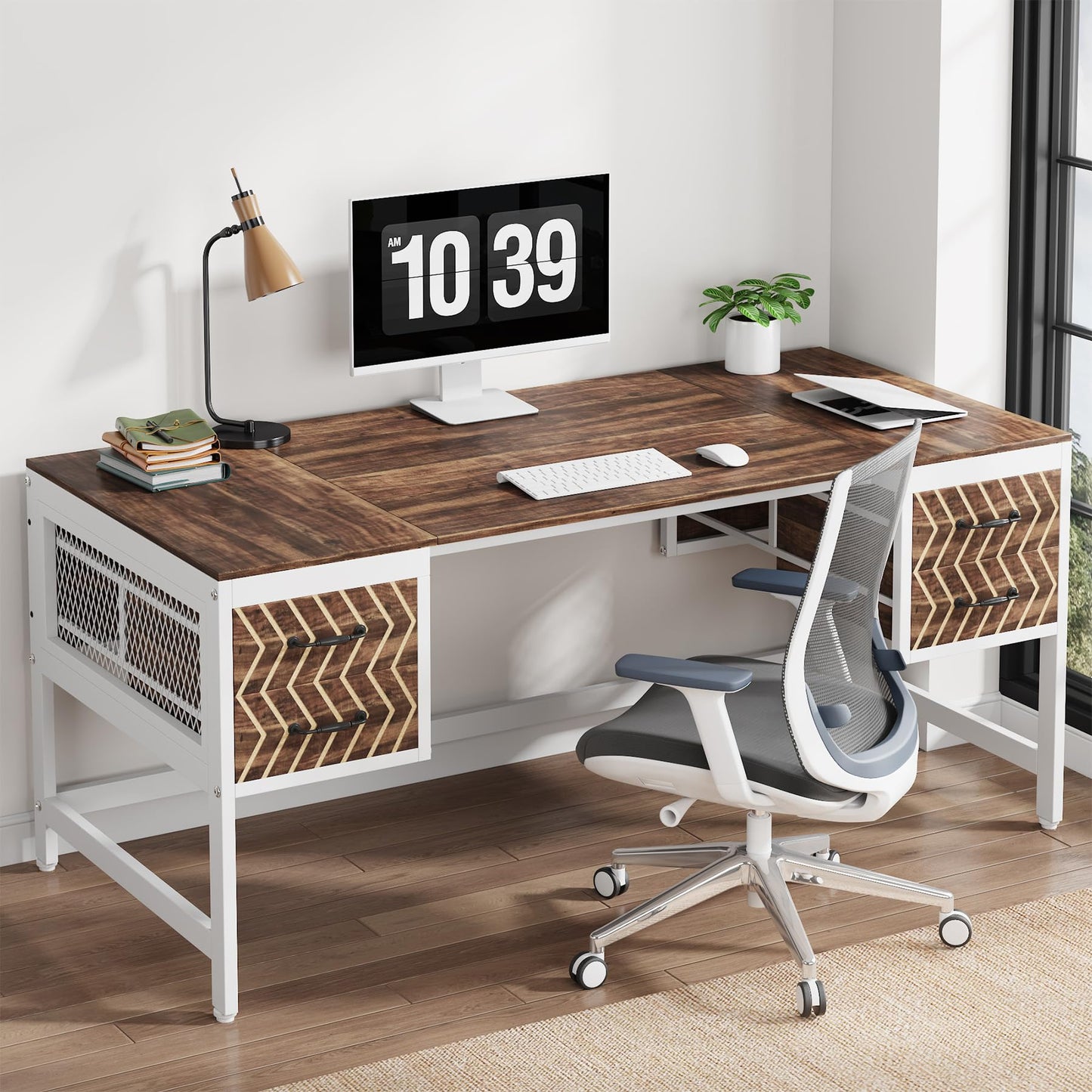 Tribesigns Computer Executive Desk with Drawers: Wood 63" Computer Desk with 4 Storage Drawers, Farmhouse Study Writing Table, Herringbone Business Furniture for Home Office, Brown and White - WoodArtSupply