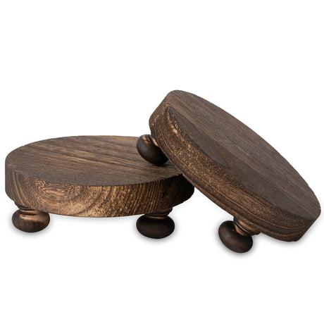 Romadedi Farmhouse Wood Riser for Display- 2 pcs Rustic Decor Mini Wooden Pedestal Decorative Round Tray for Home Table Bathroom Counter Shelf Kitchen, Brown Romadedi