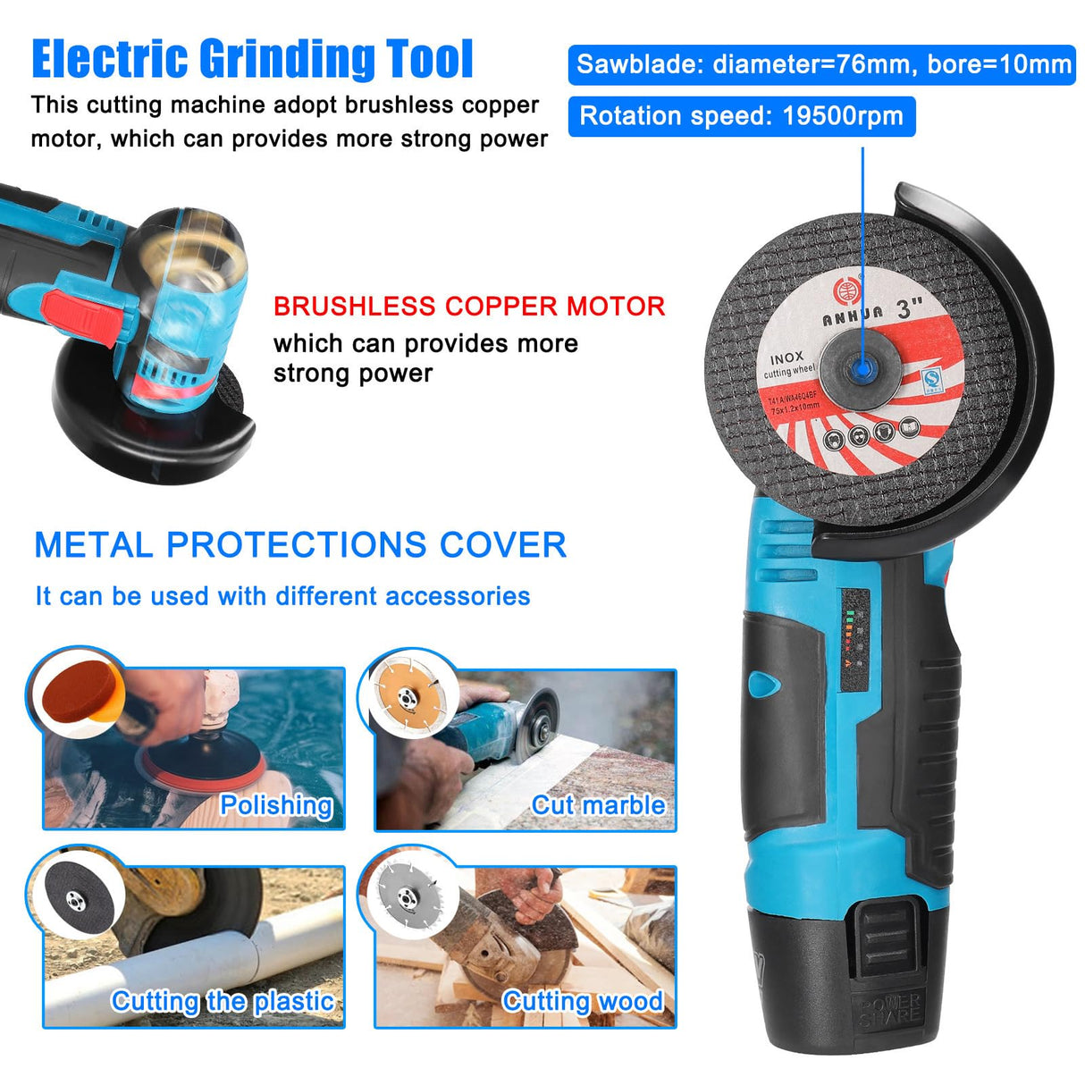 Jadeshay Angle Grinder Tool, 3 Inch High-Speed Cut Off Tool, 19500RPM Electricl Metal Cutting Tools for Steel, Inox, Aluminum, PVC Jadeshay