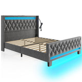 Rolanstar Queen Bed Frame with LED Light and Charging Station, Upholstered High Headboard and Footboard, Wood Slats, Noise Free, Easy Assembly, Grey Rolanstar