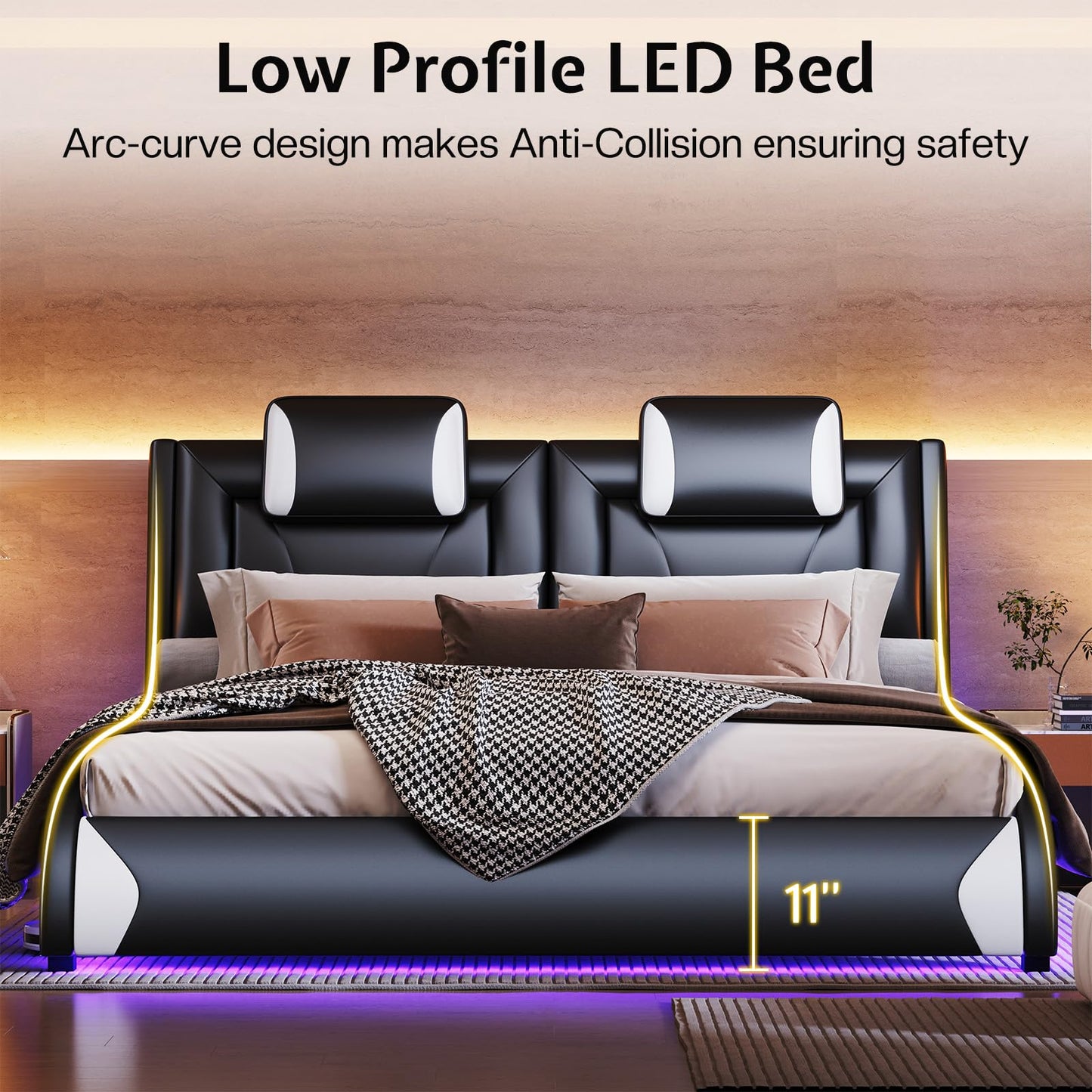 Jocisland Modern Floating Queen Bed Frame with LED Lights and Wave Curve Design in Black - WoodArtSupply