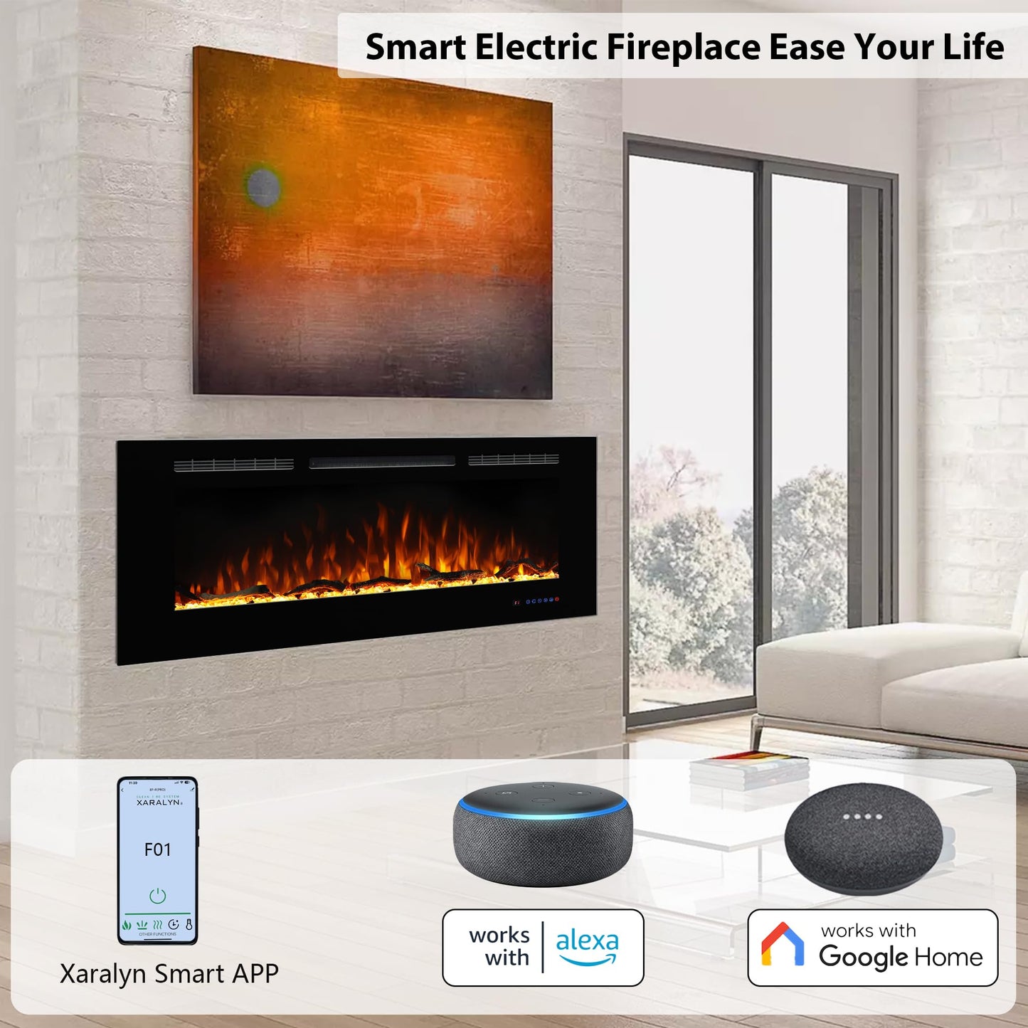 Dreamflame Smart Electric Fireplace 72inch, Recessed& Wall-Mounted Fireplace Inserts, Multicolor Flame w/5 Dimmer, WiFi Control Thermostat&Timer, Low Noise& Hardwire Connect, 1500W, Black