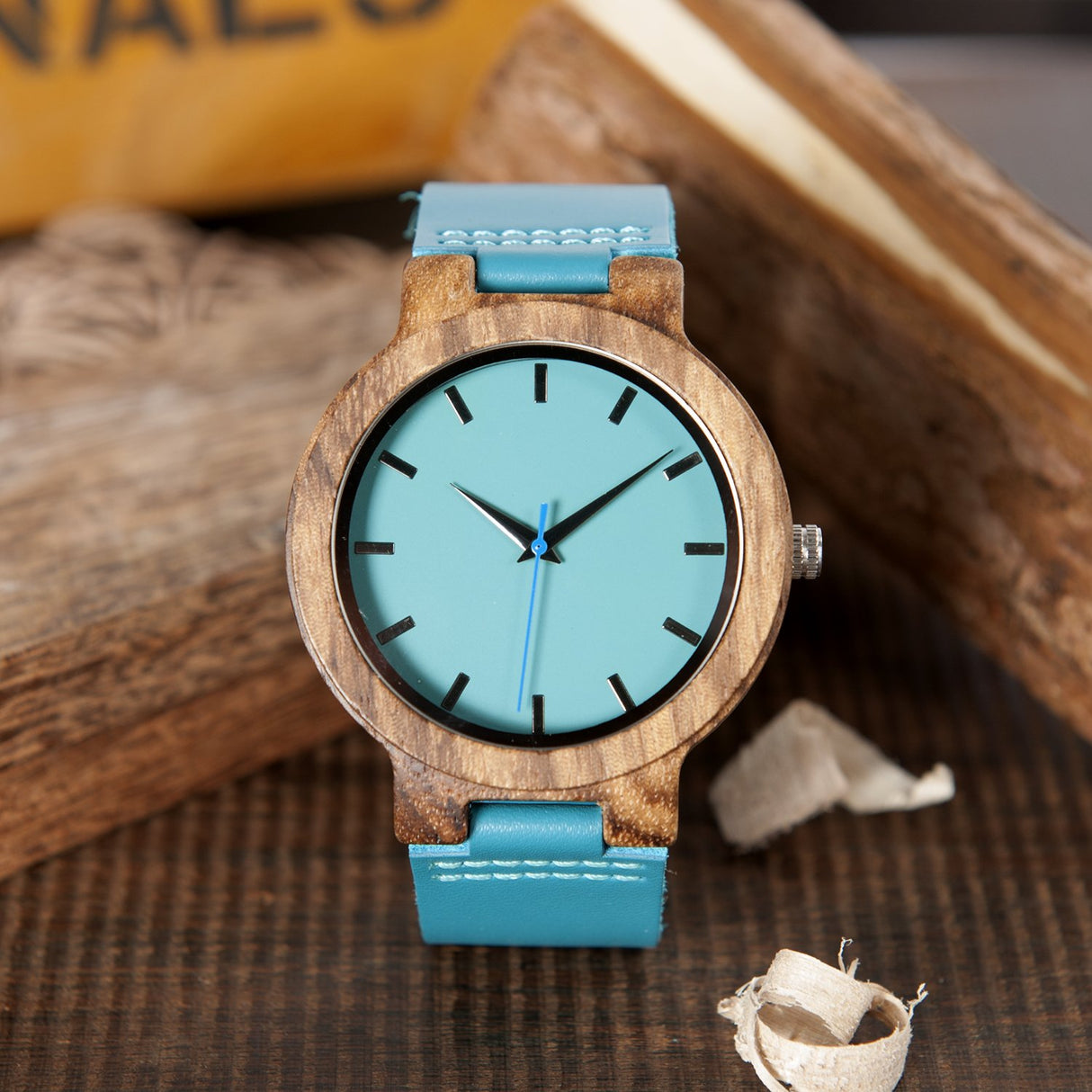 BOBO BIRD Men's Bamboo Wooden Watch with Blue Cowhide Leather Strap Casual Watches for Groomsmen Gift with Box BOBO BIRD