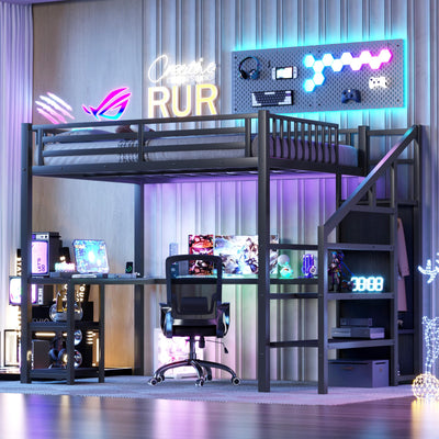 Full Size Loft Bed with Desk and Stairs, Gaming Loft Bed with RGB LED Light and Storage, Heavy-Duty Metal Lofts Beds Frame with Wardrobe, Shelves and Charging Station for Adults Kids Teens, Black