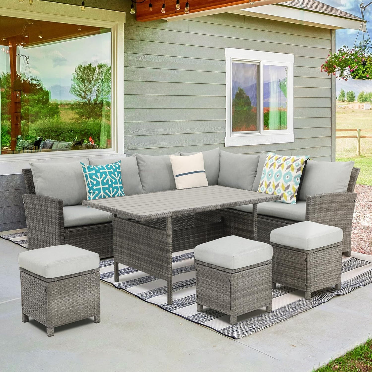 Wisteria Lane Patio Furniture Set, 7 Piece High Curved Back Outdoor Dining Sectional Sofa with Dining Table and Chair, All Weather Wicker Conversation Set with Ottoman, Grey Wisteria Lane