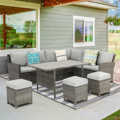 Wisteria Lane Patio Furniture Set, 7 Piece High Curved Back Outdoor Dining Sectional Sofa with Dining Table and Chair, All Weather Wicker Conversation Set with Ottoman, Grey - WoodArtSupply