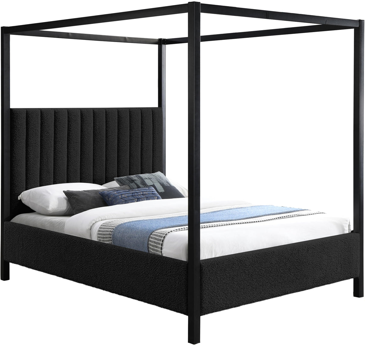 Meridian Furniture KellyBlack-K Kelly Collection Modern | Contemporary King Bed with Rich Black Boucle Fabric, Matte Black Iron Metal Frame Canopy, 78.5" W x 84.5" D x 77" H, Black, King Meridian Furniture