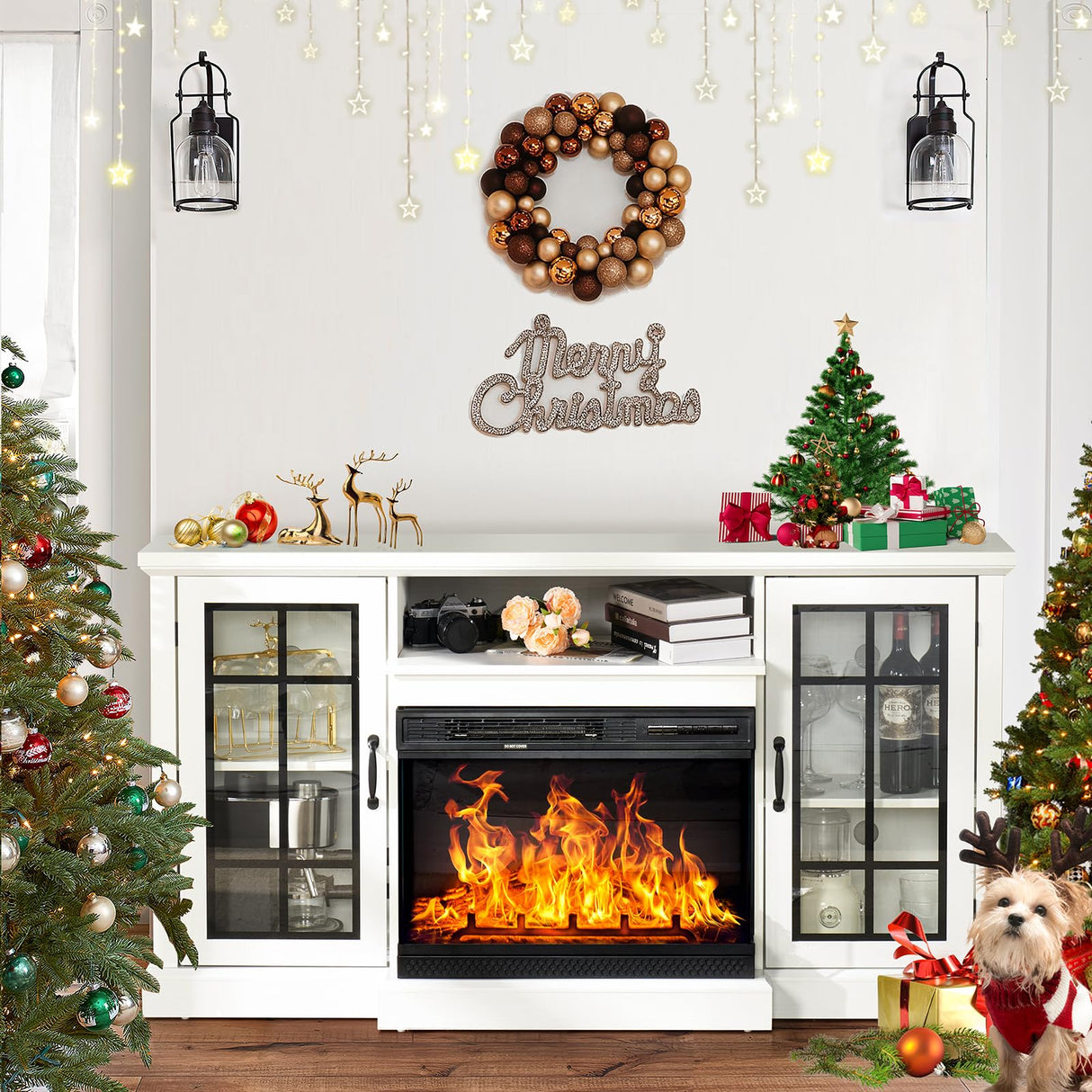 Breezestival Fireplace TV Stand with All-Sided Glass Electric Fireplace,59'' Entertainment Center with Farmhouse Glass Door Storage Cabinet, for TVs up to 65", White Breezestival