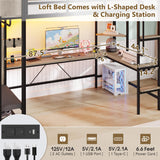 busyaeh Loft Bed with Hall Tree, Twin Loft Bed with Desk, Storage Headboard & 2 Drawers, Twin Size Loft Bed with LED Lights, Charging Station, Safety Guardrail & Ladder, No Box Spring Needed,Oak Gray busyaeh