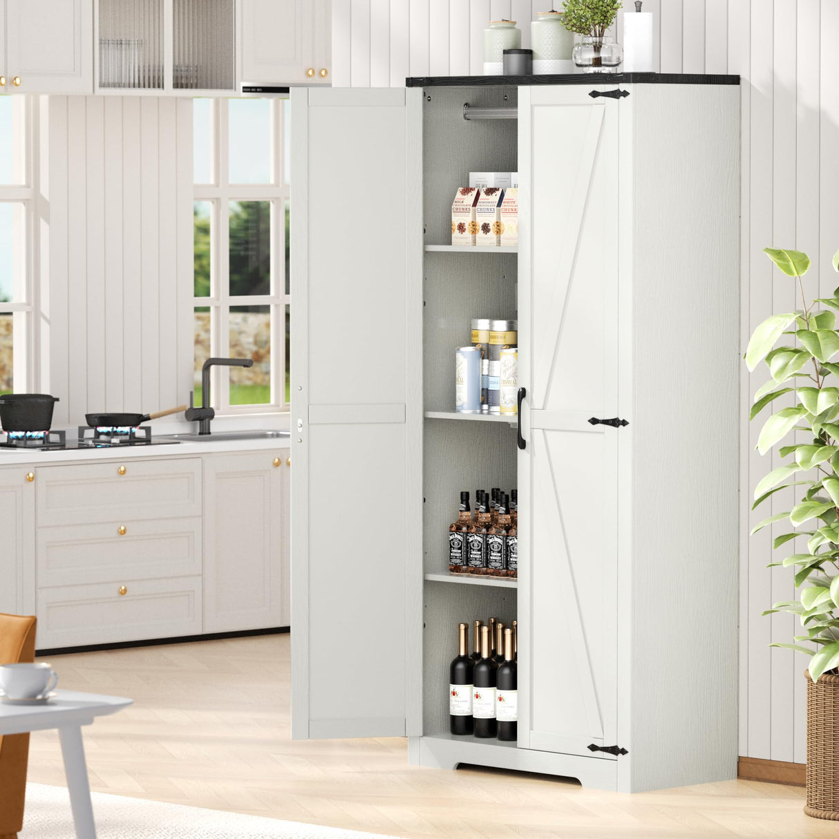 SPERTIKC 72”Tall Storage Cabinet, Armoire Wardrobe Closet with 2 Barn Doors and Adjustable Shelves, Large Pantry Cabinet for Bedroom, Bathroom, Kitchen, White Farmhouse Style SPERTIKC