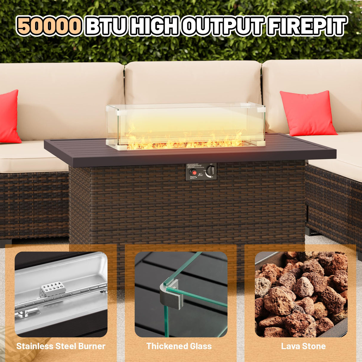 LHBcraft 8-Piece Outdoor Patio Furniture Set, Wicker Rattan Sectional Conversation Set with 50,000 BTU Propane Fire Pit Table for Garden and Patio,Brown LHBcraft