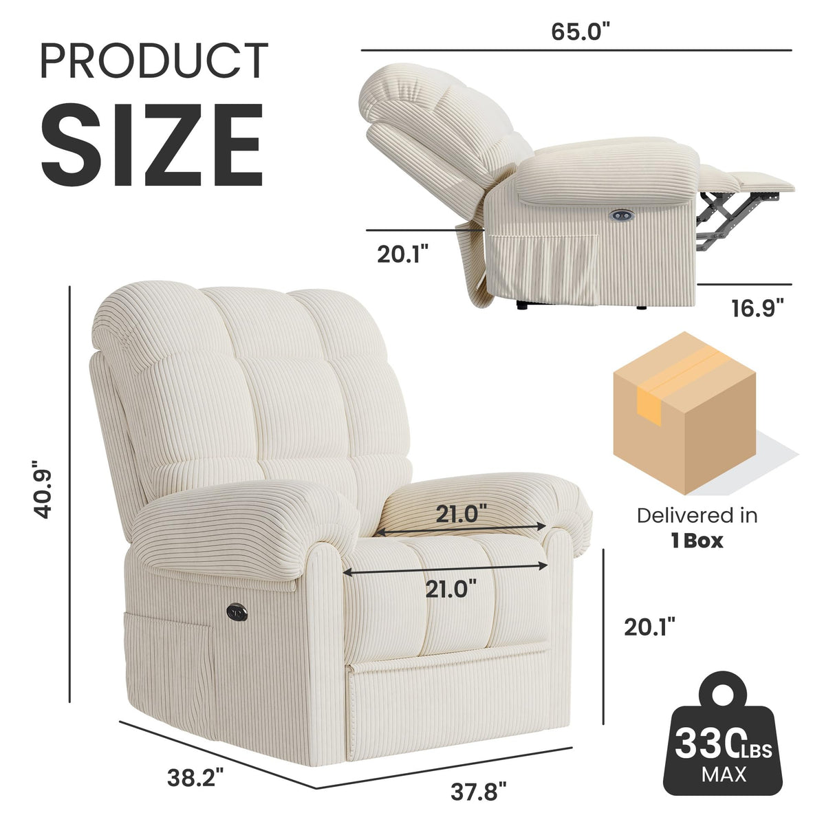 Welzona Adjustable Power Recliner Chair, Soft Corduroy Electric Recliner Chair, Power Recliners with USB Port, Eco-Certified Small Recliners for Small Spaces Sofa Reclinable, White Welzona