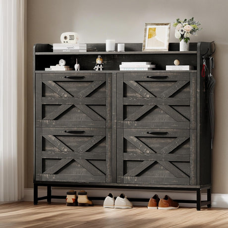 DWVO Farmhouse Shoe Cabinet for Entryway, 4 Flip Drawers for 24 Pairs, Narrow Slim Shoe Organizer with Metal Legs for Hallyway, Living Room (Dark Rustic Oak) DWVO