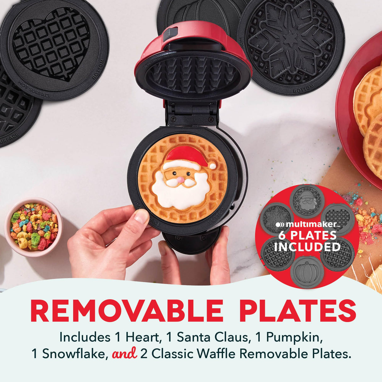 DASH Holiday Multimaker Mini System - Waffle Maker with Six 4” Removable Holiday Plates: Waffle Iron & Griddle, 4-in-1 Mini Waffle Maker for Kids and Families – Nonstick Surface, Santa Waffle (Red) DASH