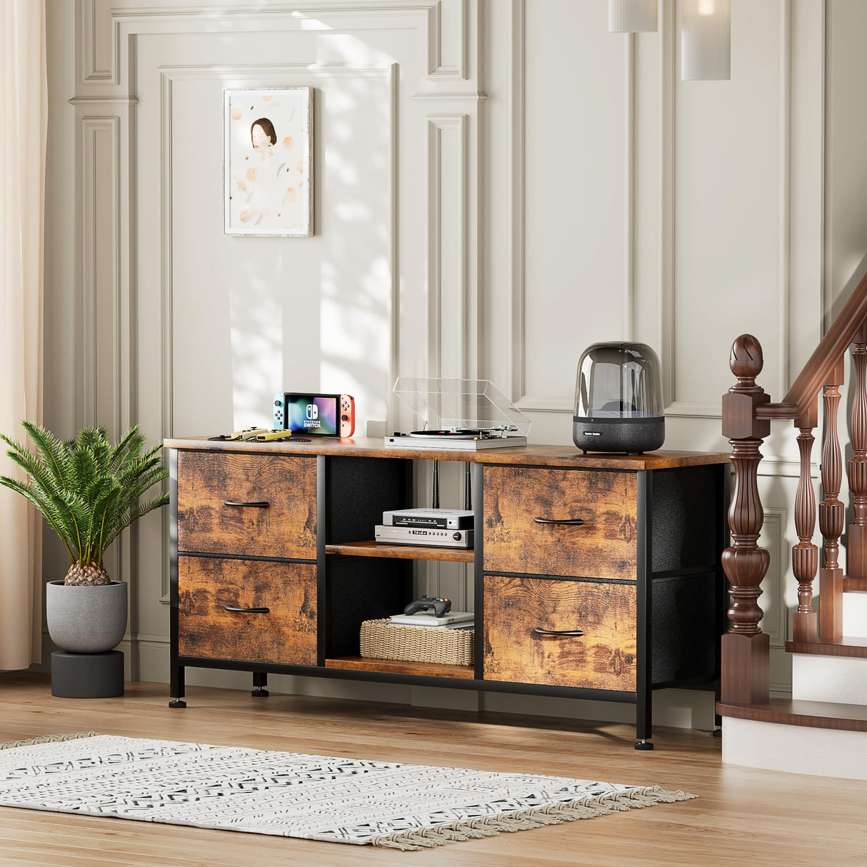YaFiti TV Stand Dresser for Bedroom, Entertainment Center with Power Outlet for 50" TV, Dressers with 4 Fabric Drawers & Open Shelves for Living Room, Bedroom, Entryway, Rustic Brown YaFiti