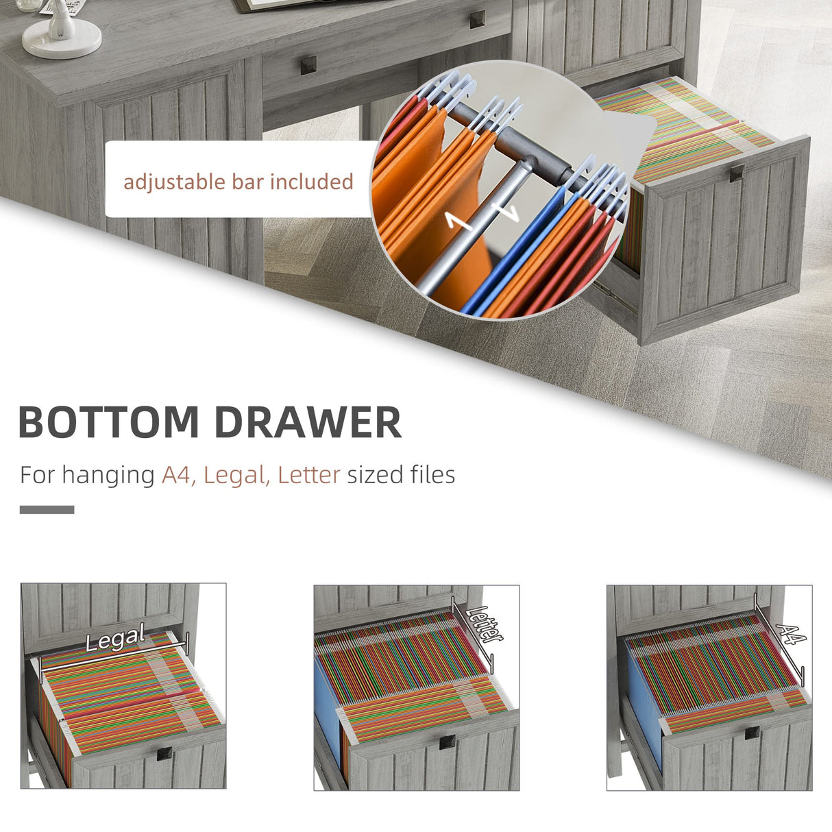 HOMCOM Vintage Executive Computer Desk, Home Office Work Station, Student Table with Cabinet & 3 Drawers for Hanging Files, Grey HOMCOM