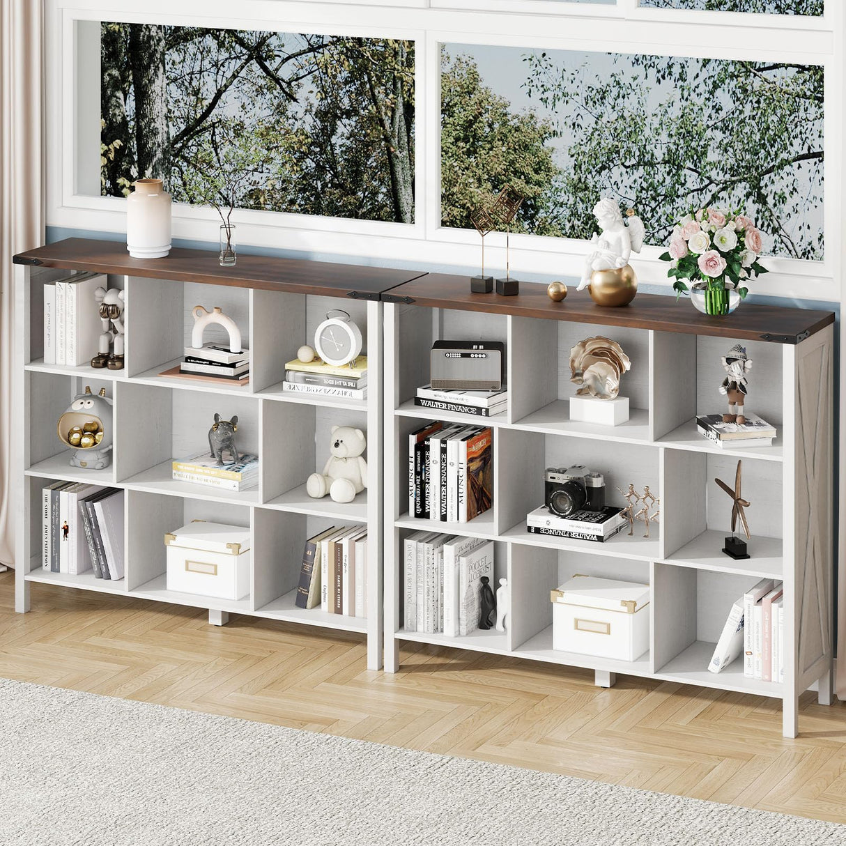 9 Cube Storage Organizer, Farmhouse Bookshelf Wooden Cube Shelves Bookcase 3-Tier Display Cabinet Rack for Bedroom, Living Room, Office (Brown&Off White, 9 Cube Open Shelves) Vabches