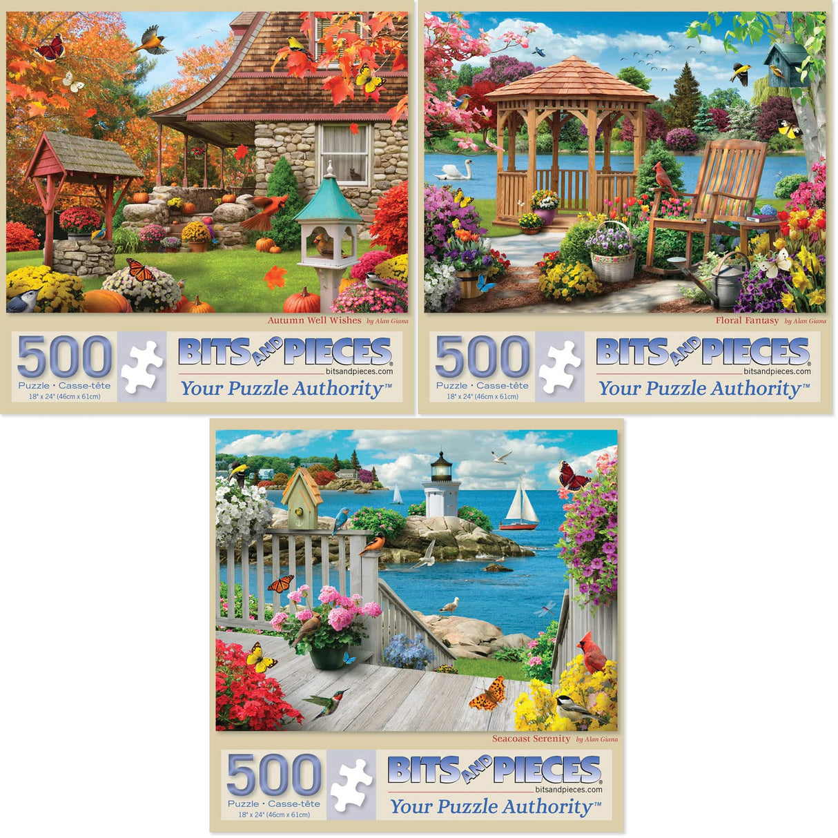 Bits and Pieces – Value Set of Three 500 Piece Jigsaw Puzzles for Adults – Autumn Well Wishes, Seacost Serenity, Floral Fantasy Jigsaw Puzzles by Artist Alan Giana, Completed Puzzle Size: 18" x 24" Bits and Pieces