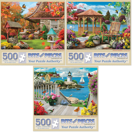 Bits and Pieces – Value Set of Three 500 Piece Jigsaw Puzzles for Adults – Autumn Well Wishes, Seacost Serenity, Floral Fantasy Jigsaw Puzzles by Artist Alan Giana, Completed Puzzle Size: 18" x 24" Bits and Pieces