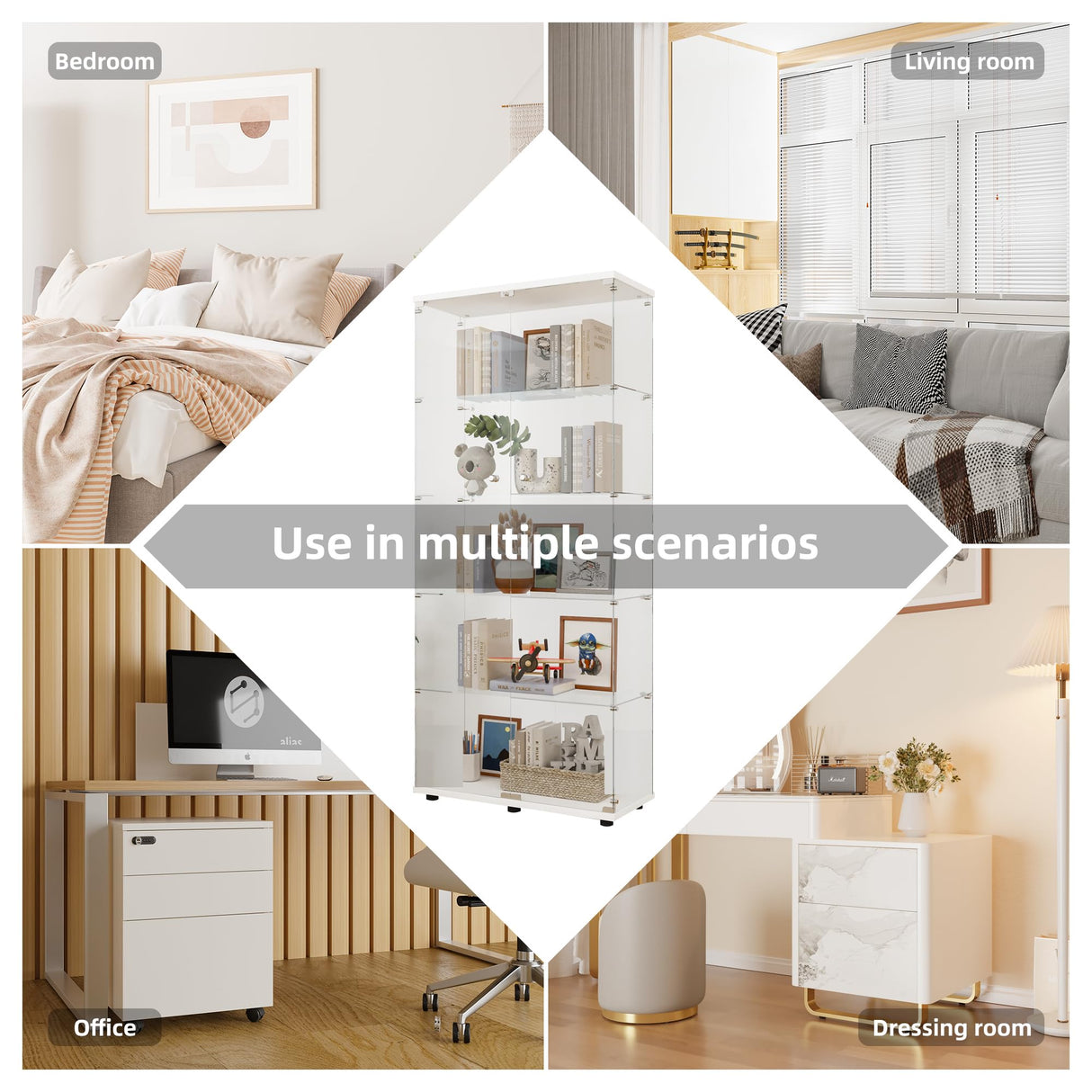 LFT HUIMEI2Y Glass Display Cabinet 5-Shelf with 2 Doors and Lock, Curio Cabinets Upgraded Quick-Install Style Tempered Glass Floor Standing Bookshelf for Living Room, Bedroom, Kitchen White LFT HUIMEI2Y