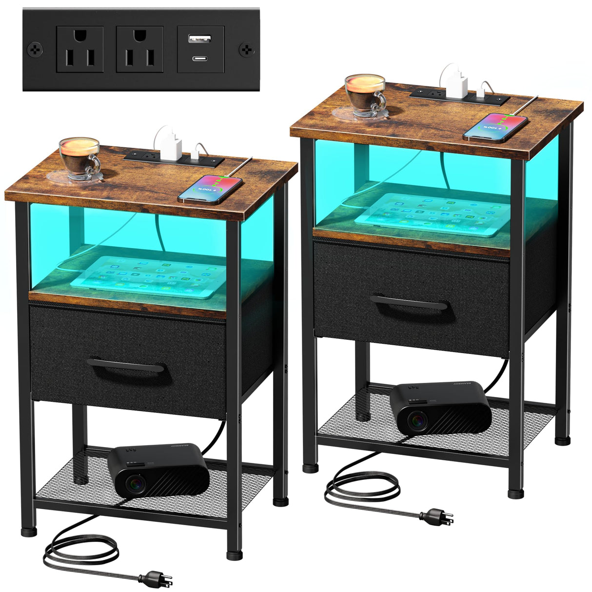 LAKEMID Nightstands Set of 2 with Charging Station and Drawer, End Table Bedside Table with 20 Colors LED Light Strip and 2 Layers Shelf for Bedroom Living Room Sofa (Rustic Brown) LAKEMID