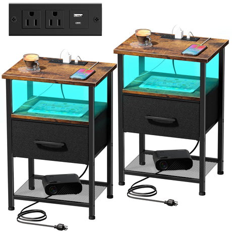 LAKEMID Nightstands Set of 2 with Charging Station and Drawer, End Table Bedside Table with 20 Colors LED Light Strip and 2 Layers Shelf for Bedroom Living Room Sofa (Rustic Brown) LAKEMID