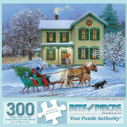 Bits and Pieces - 300 Piece Jigsaw Puzzle for Adults 18" x 24" – Grandma’s House – Winter Holiday Snow Christmas Tree Sled Horse Ride 300 pc Large Piece Jigsaw by Artist John Sloane