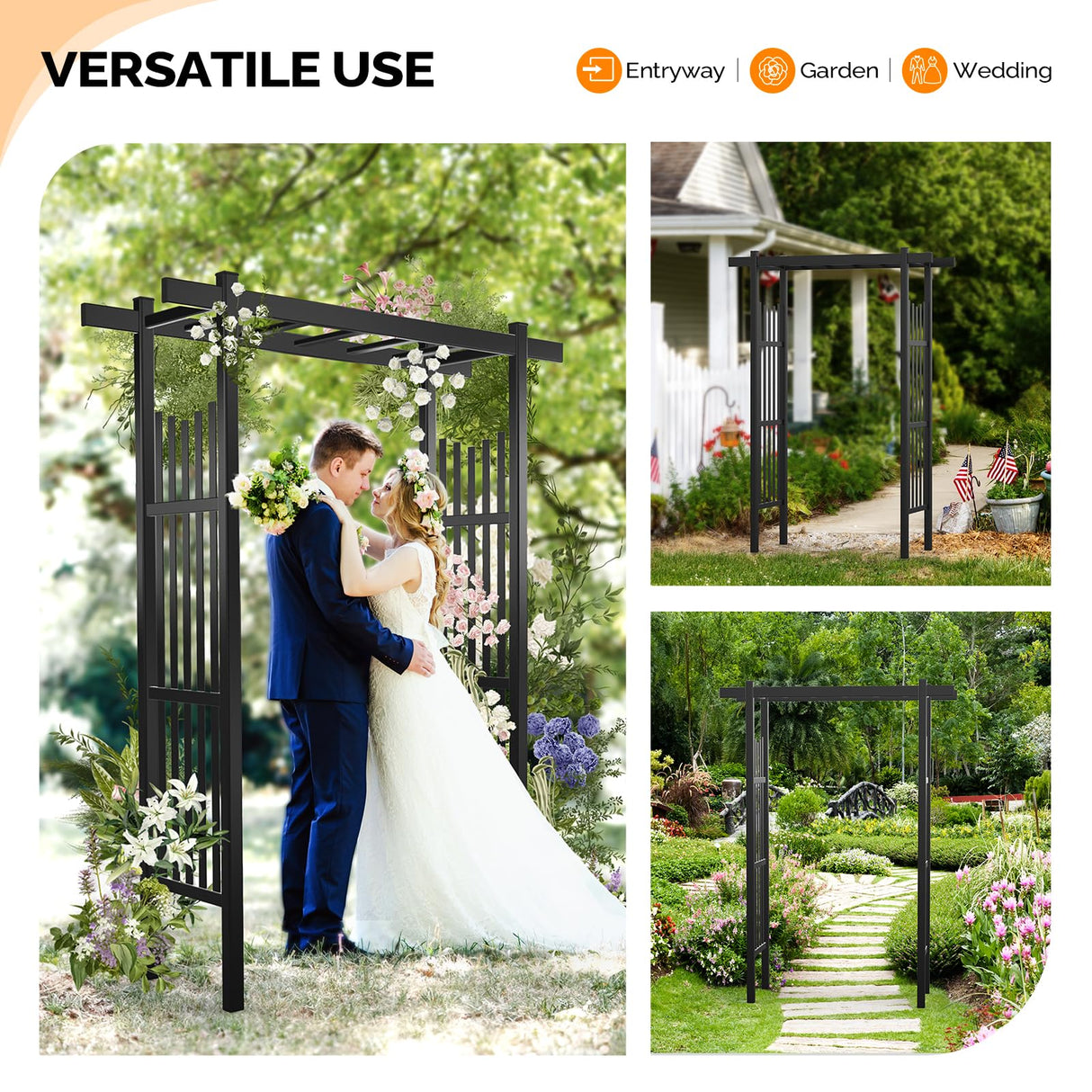 VINGLI Garden Arbor, PVC Wedding Arch for Ceremony Party, Garden Trellis for Climbing Plants Outdoor, Arch Backdrop Stand for Garden, Backyard, Lawn, Wedding (Black) VINGLI
