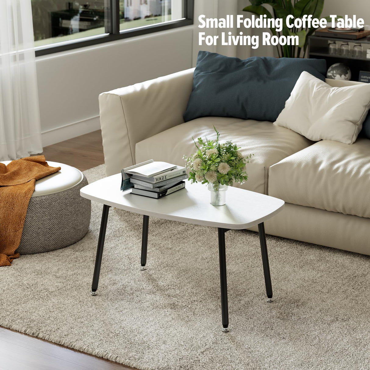 WOHOMO Foldable Coffee Table White Small Coffee Tables for Living Room Portable Simple Modern Rectangular Center Table for Small Spaces, No Assembly, 31.5 * 15.7 * 17.7IN, White WOHOMO