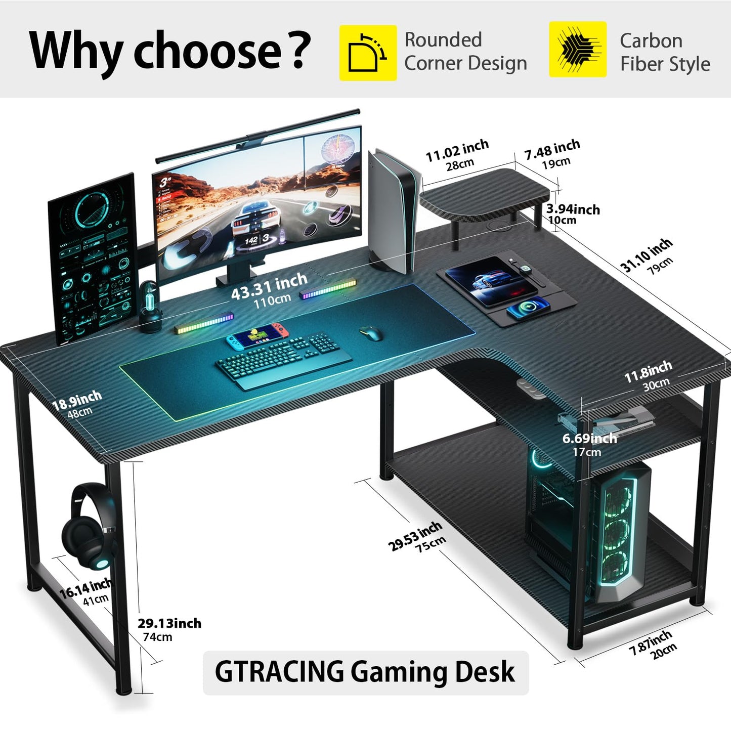 GTRACING L Shaped Gaming Desk, Carbon Fiber Style Computer Desk Compatible with Monitor Arm Storage Shelves Corner Desk Gaming Table for Home Office Desks Easy to Assemble Adjustable Shelf Height