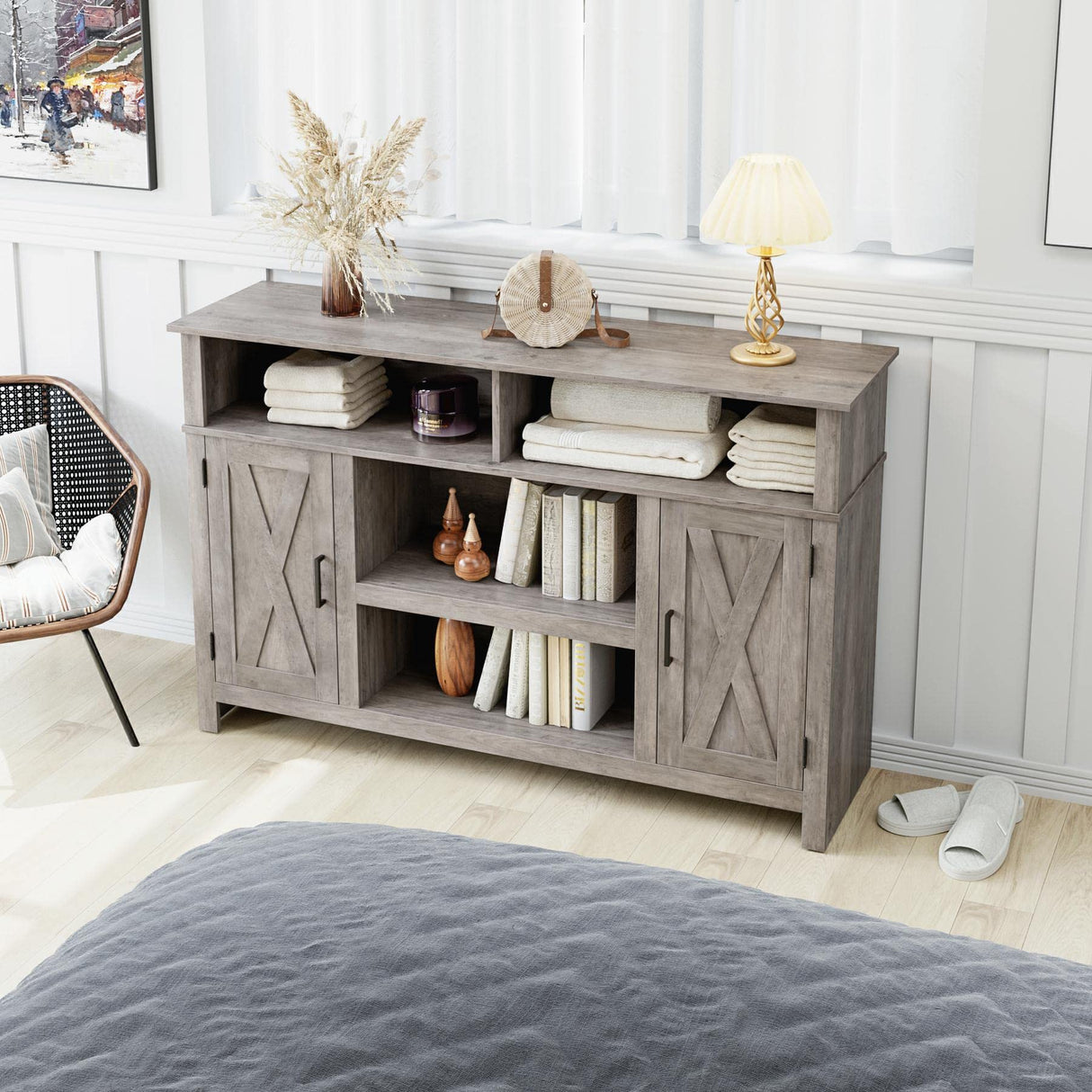 HOSTACK Barn Door TV Stand for TVs Up to 65", Modern&Farmhouse Wood Entertainment Center, Media Console Table with Storage Cabinet & Adjustable Shelves, TV Console for Living Room, Ash Grey HOSTACK