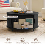 Lefurture 31.5 Inch Round Coffee Table, Mid-Century Modern Coffee Table wtih Storage, Accent Coffee Table with Adjustable Footpads, Center Table with Sliding Doors for Living Room (Black) Lefurture