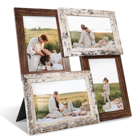 YESKAY 4x6 Collage Picture Frames, Multi Family Photo Frame with Real Glass, Displays Four 4x6 Photo, Wall Decor Wall Hanging or Tabletop, Distressed White+Rustic Brown YESKAY