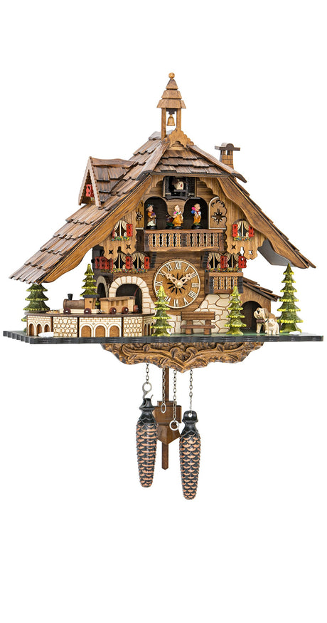 Quartz Cuckoo Clock Black Forest House with Moving Train, with Music EN 48110 QMT Engstler