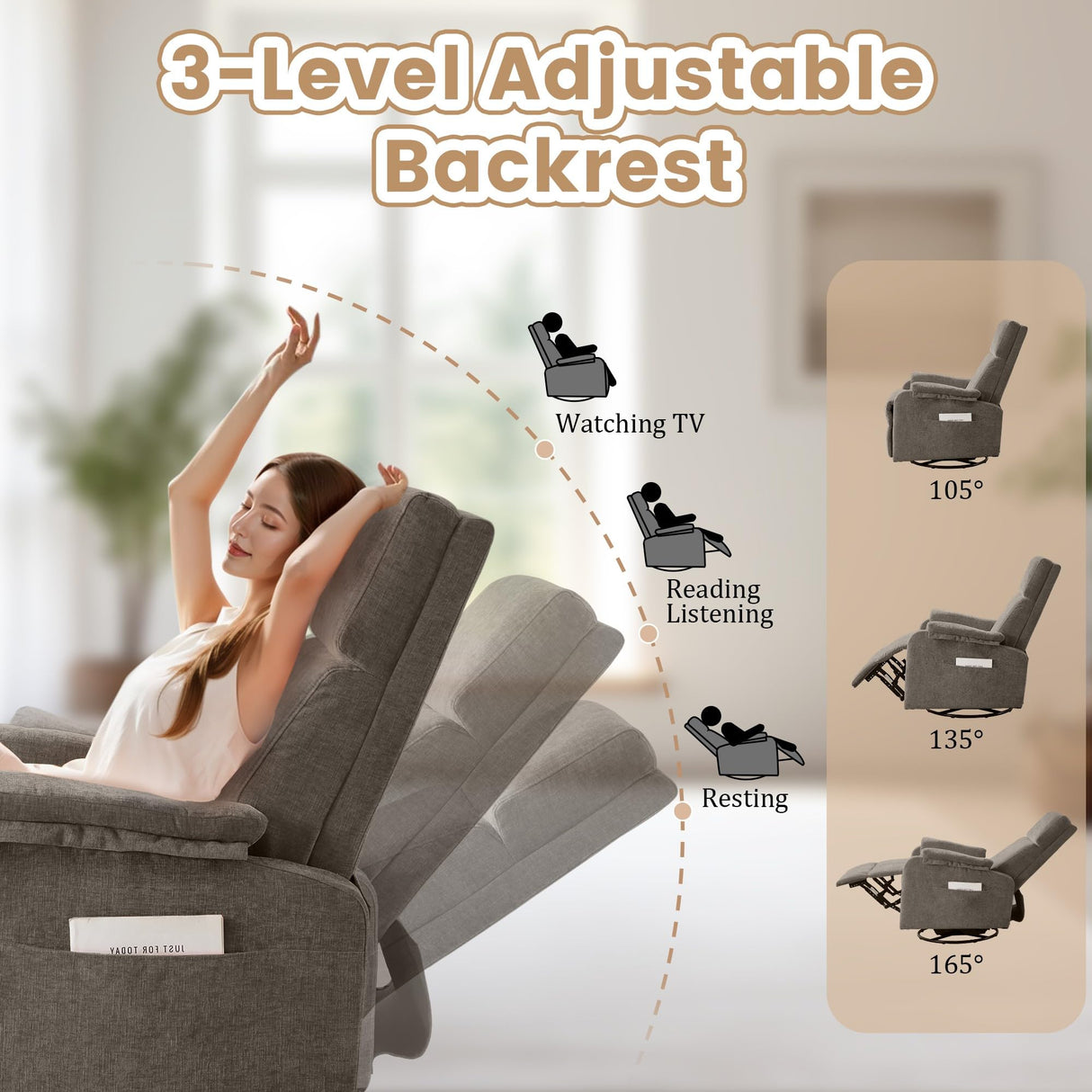 Korser Recliner Chairs, Swivel Rocking Recliner Chair for Adults, Glider Rocking Chair, Small Nursery Recliner for Living Room, Reclining with Modern-Designed Armrests, Chenille, Brown Korser