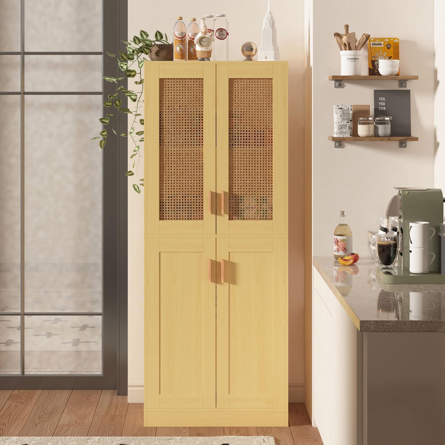 XINRONG 71" Tall Storage Cabinet - Rattan Kitchen Pantry Cabinet, Boho Storage Cabinet with Rattan Doors and Adjustable Shelves, Versatile Large Cabinet for Dining Living Room, Bathroom, Laudry, Oak