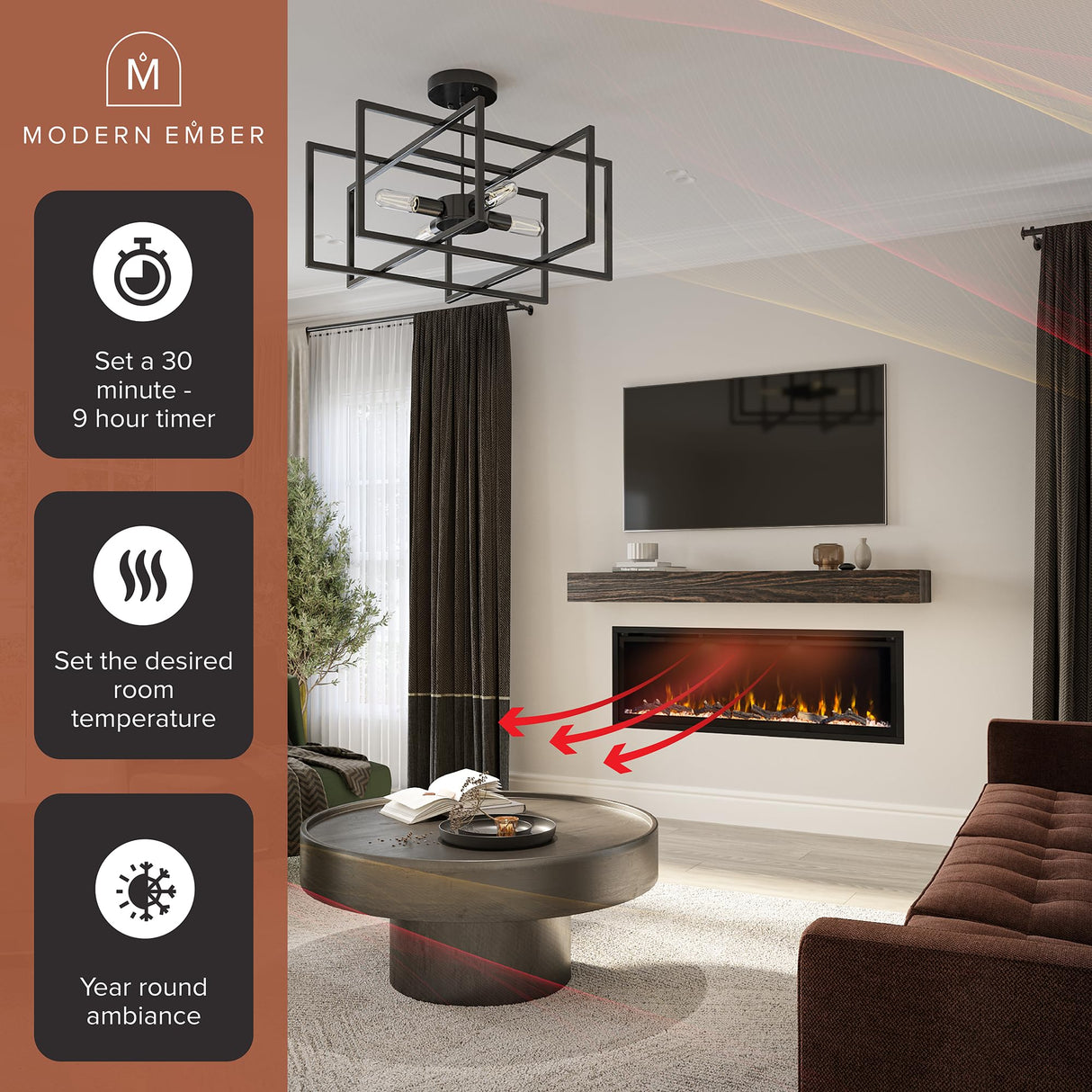 Modern Ember Aerus 72 Inch Smart Linear Electric Fireplace - Recessed in-Wall and Wall-Mount, Multiple Flame Colors, Compatible with Alexa and Google Assistant, Black Modern Ember