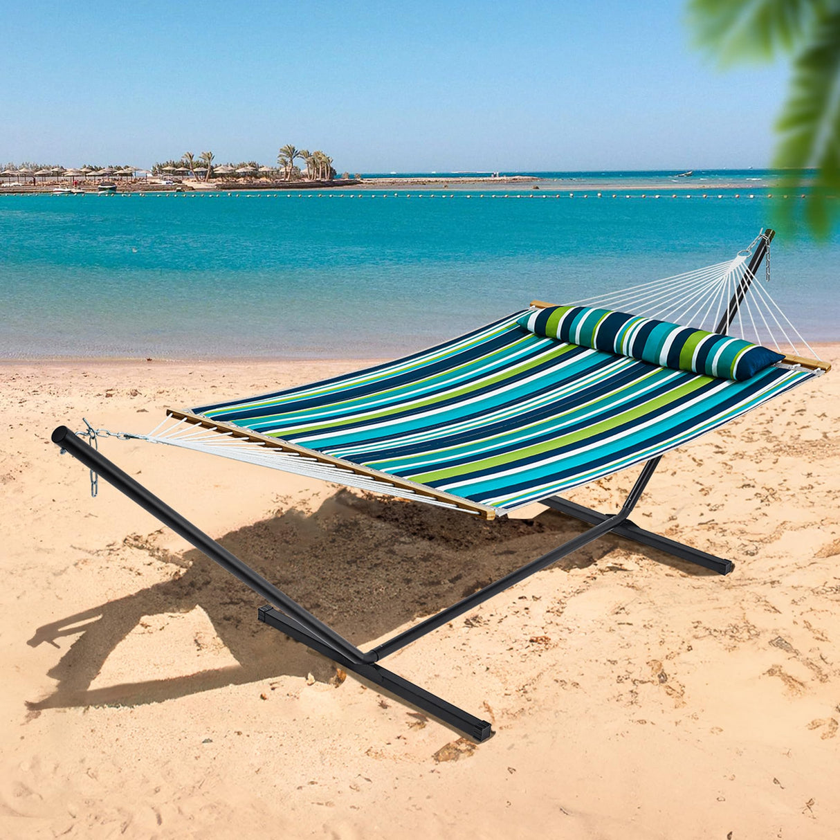 SUPERJARE Hammock with Stand, 2 Person Quilted Outdoor Hammock, Detachable Pillow & Bamboo Spreaders, Portable Hammock with Carrying Bag, Heavy Duty Stand, Perfect for Outside, Patio, Dark Cyan SUPERJARE