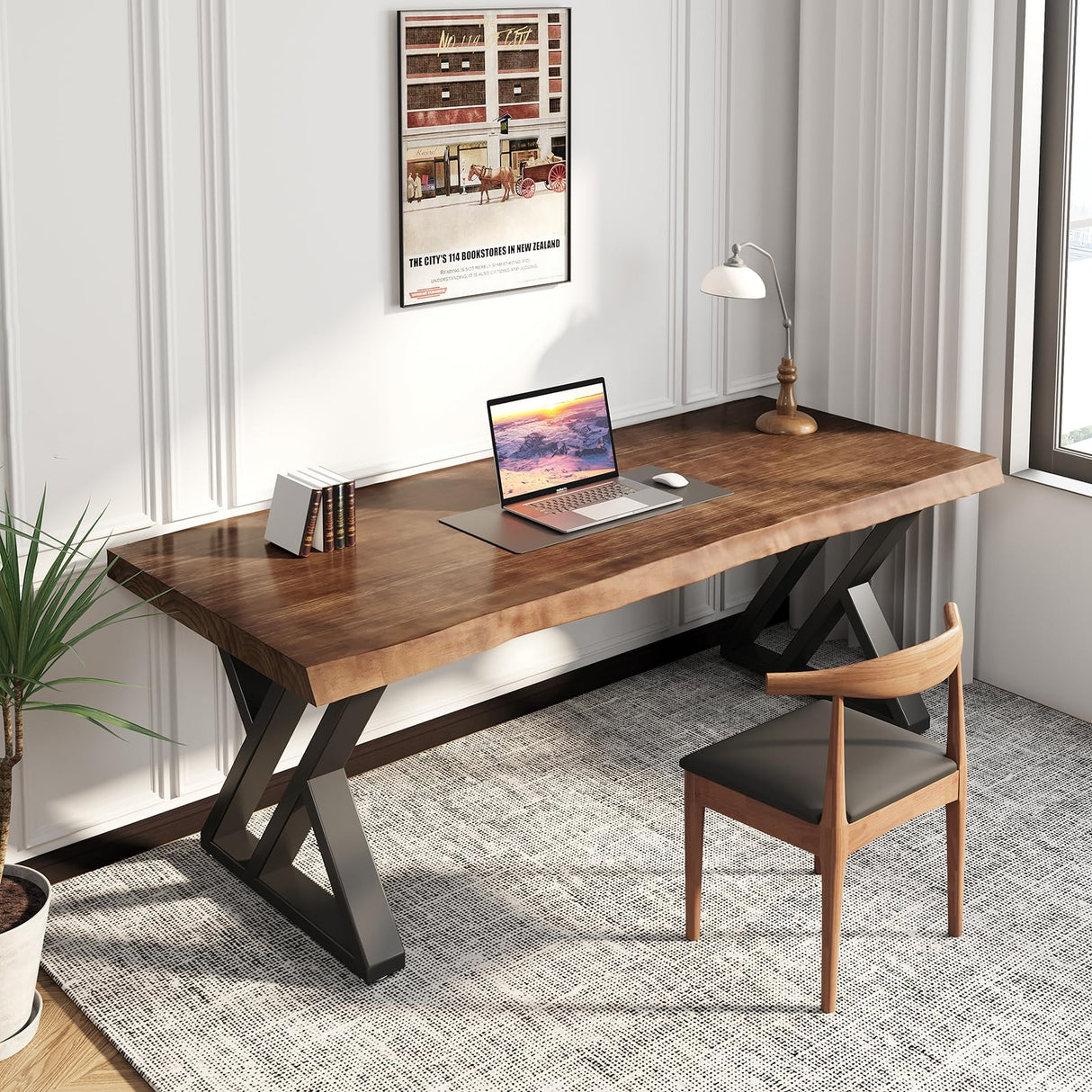 SXXjiaju Solid Wood Computer Desk-55 inch Industrial Natural Wood Office Desk,Heavy Duty Real Wood Study Table,Solid Wooden and Metal Modern Simple SXXjiaju