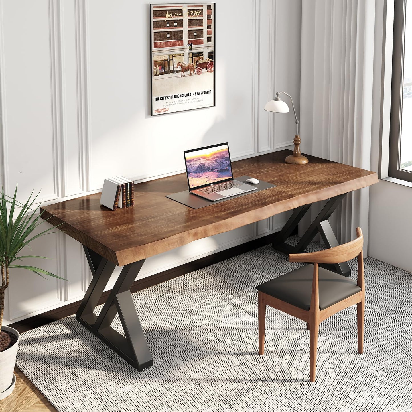 SXXjiaju Solid Wood Computer Desk-55 inch Industrial Natural Wood Office Desk,Heavy Duty Real Wood Study Table,Solid Wooden and Metal Modern Simple